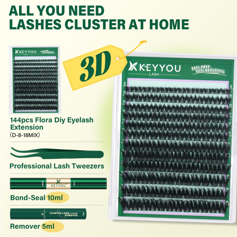 KEYYOULASH Flora Lash Clusters Kit 3D DIY Lashes Extension Kit Eyelash Clusters 144pcs Thick Individual Lashes Fluffy and Soft Wispy Volume Lashes with Waterproof Lash Bond and Seal & Remover (F01) - Image 2