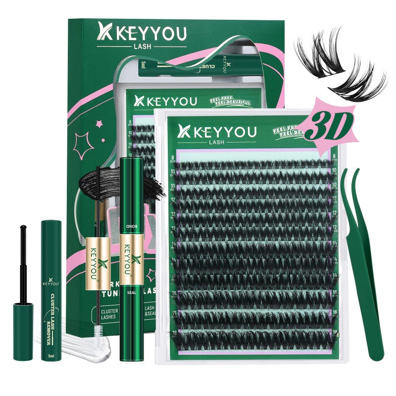 KEYYOULASH Flora Lash Clusters Kit 3D DIY Lashes Extension Kit Eyelash Clusters 144pcs Thick Individual Lashes Fluffy and Soft Wispy Volume Lashes with Waterproof Lash Bond and Seal & Remover (F01) - Image 1