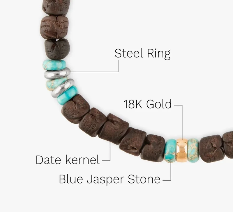 Minza Minza “Africa” Men’s Bracelet, Pure 18K Gold Ring, Turquoise Jasper & Date Pit Beads Bracelet, Adjustable Handmade Bracelet for Men, Jewelry for Casual & Everyday Wear.