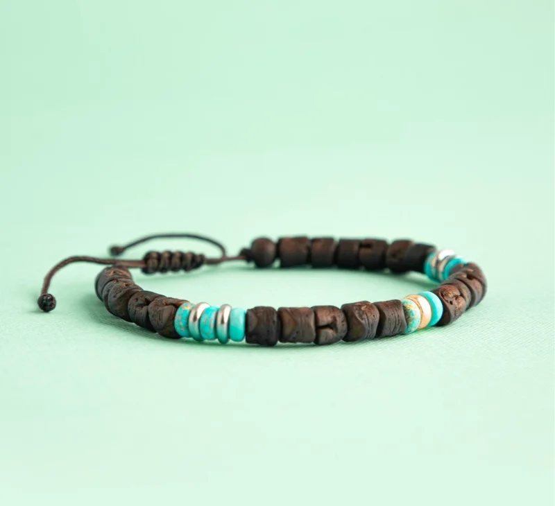 Minza  Minza “Africa” Men’s Bracelet, Pure 18K Gold Ring, Turquoise Jasper & Date Pit Beads Bracelet, Adjustable Handmade Bracelet for Men, Jewelry for Casual & Everyday Wear. for Men | Best Price UAE