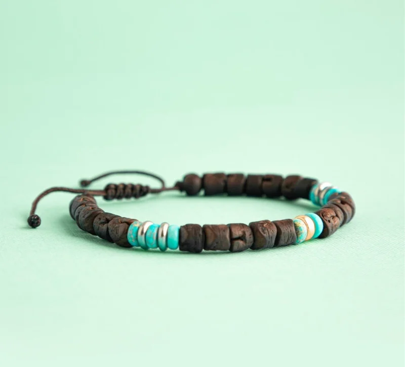 Minza  Minza “Africa” Men’s Bracelet, Pure 18K Gold Ring, Turquoise Jasper & Date Pit Beads Bracelet, Adjustable Handmade Bracelet for Men, Jewelry for Casual & Everyday Wear. for Men | Best Price UAE