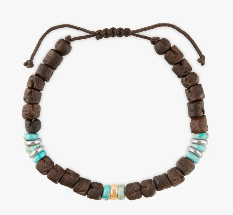 Minza  Minza “Africa” Men’s Bracelet, Pure 18K Gold Ring, Turquoise Jasper & Date Pit Beads Bracelet, Adjustable Handmade Bracelet for Men, Jewelry for Casual & Everyday Wear. for Men | Best Price UAE