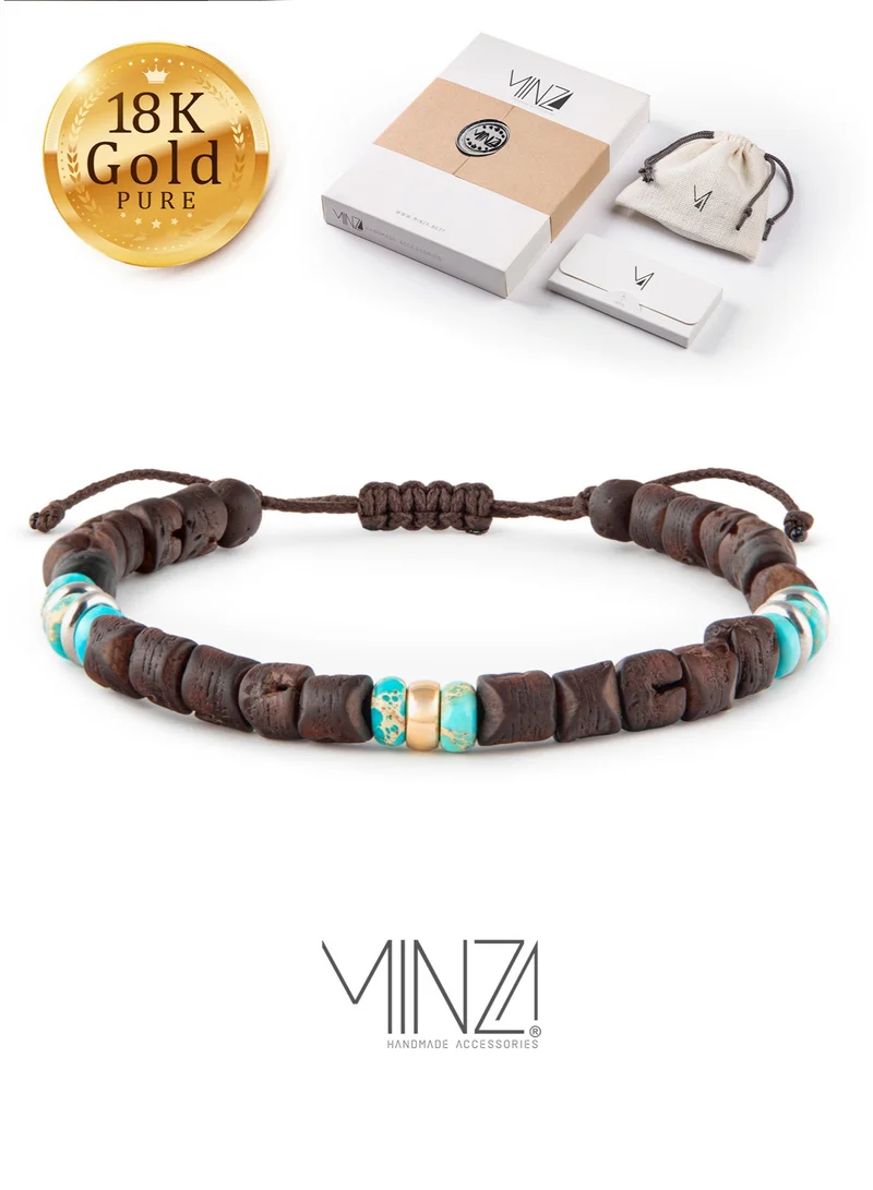 Minza Minza “Africa” Men’s Bracelet, Pure 18K Gold Ring, Turquoise Jasper & Date Pit Beads Bracelet, Adjustable Handmade Bracelet for Men, Jewelry for Casual & Everyday Wear.
