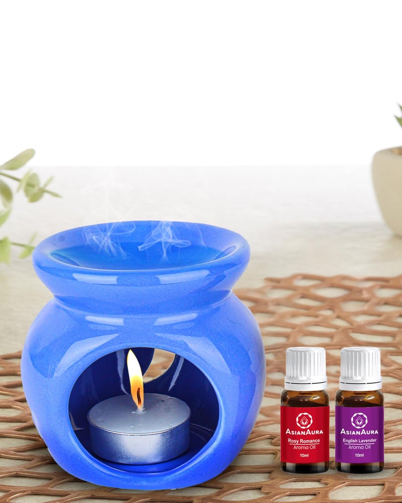 Asian Aura Candle Diffuser, Oil Burner, T Light Candle Diffuser, Warmer for Home Fragrance with 1 Tea Light Candle and 2 Aroma Oils (English Lavender & Rosy Romance Fragrance 10ml Each) Blue Diffuser - Image 4