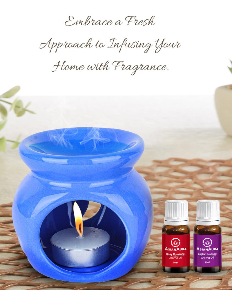 Asian Aura Candle Diffuser, Oil Burner, T Light Candle Diffuser, Warmer for Home Fragrance with 1 Tea Light Candle and 2 Aroma Oils (English Lavender & Rosy Romance Fragrance 10ml Each) Blue Diffuser - Image 3