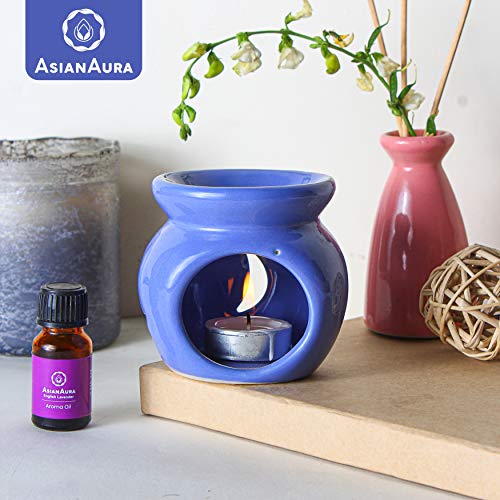 Asian Aura Candle Diffuser, Oil Burner, T Light Candle Diffuser, Warmer for Home Fragrance with 1 Tea Light Candle and 2 Aroma Oils (English Lavender & Rosy Romance Fragrance 10ml Each) Blue Diffuser - Image 2