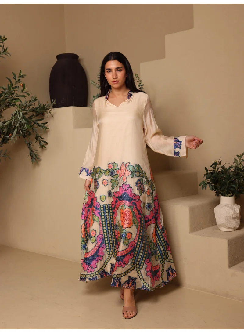 IKKXA IKKXA Elegant V-Neck Printed Jalabiya IK6042 Beige