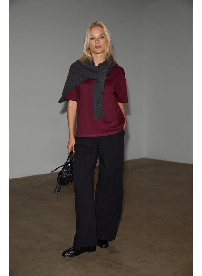 Grimelange Jemmy Women's 100% Organic Cotton Relaxed Fit Slit Round Neck Burgundy T-Shirt.