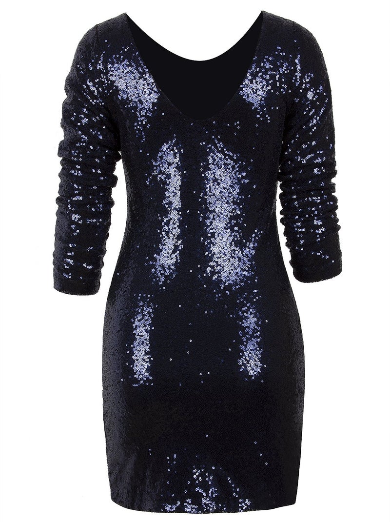 Vijiv Women's Sparkle Glitzy Glam Sequin Long Sleeve Flapper Party Club Dress Multicolor Navy Small - Image 3