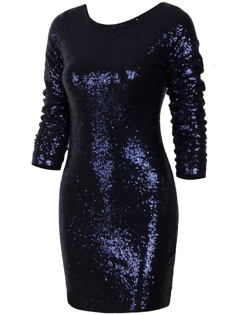 Vijiv Women's Sparkle Glitzy Glam Sequin Long Sleeve Flapper Party Club Dress Multicolor Navy Small - Image 2