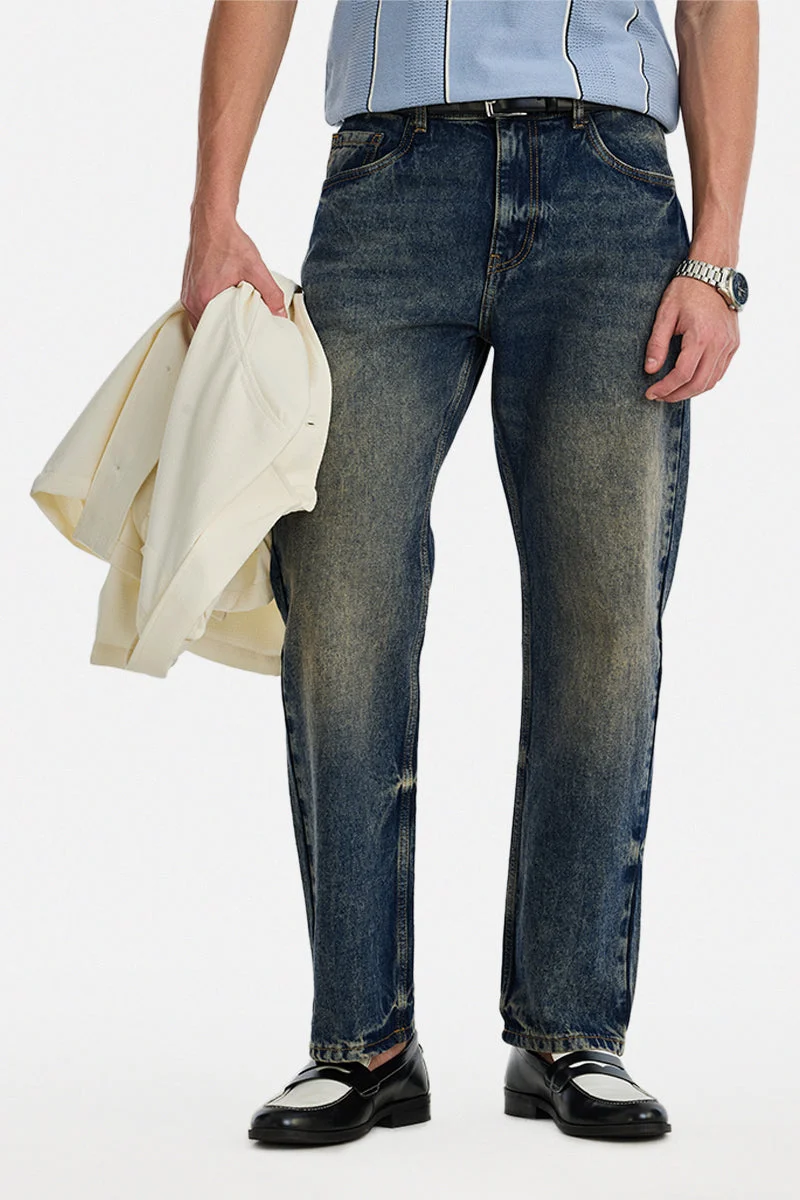 سنيتش Dark Blue Solid Straight Fit Casual Jeans