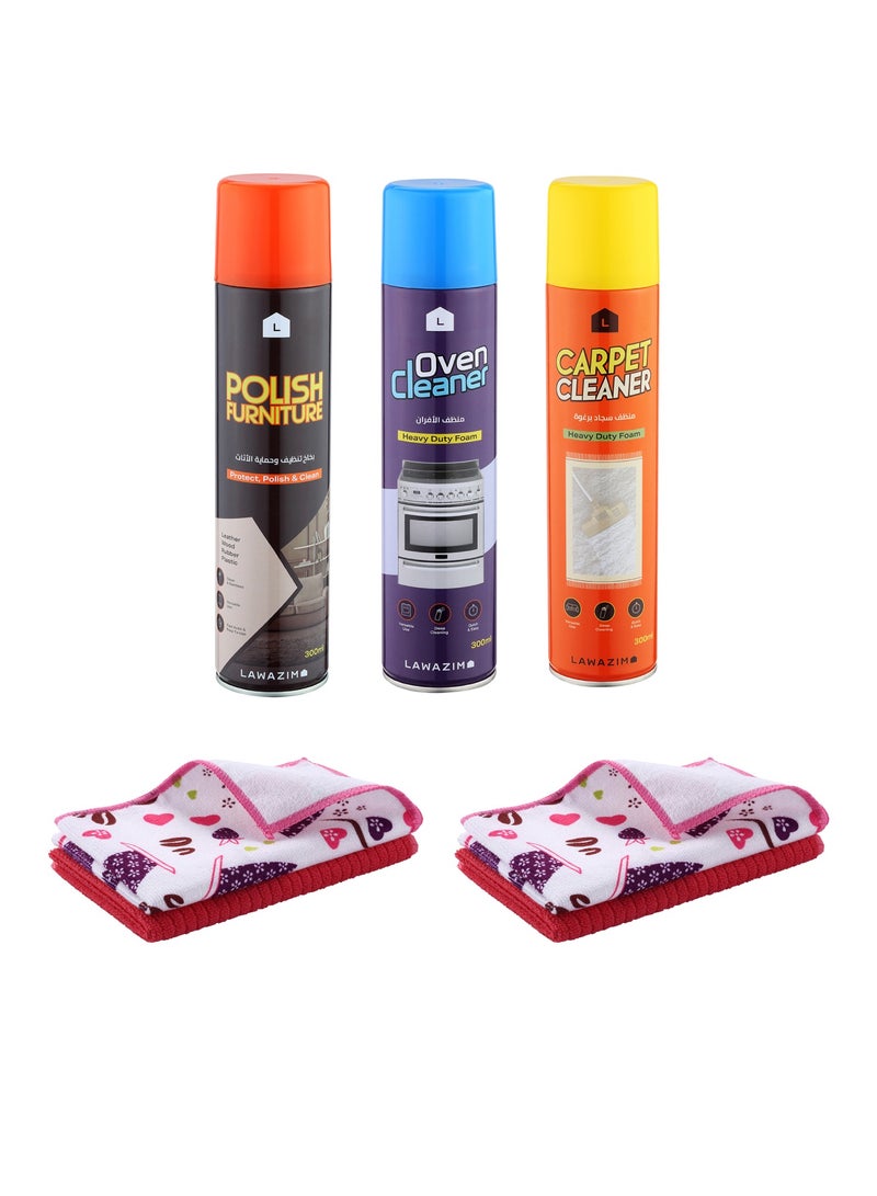 LAWAZIM 3-Piece Multipurpose Furniture Cleaning Sprays With 4-Piece Kitchen Wipers 40x48cm - Image 1