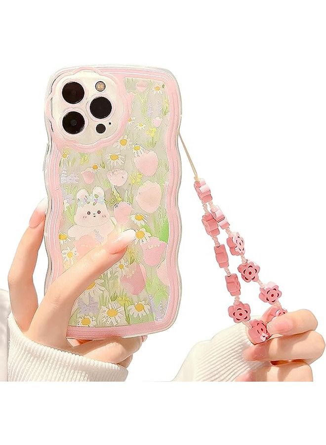 Compatible with iPhone 14 Pro Max Case,Lovely Cartoon Floral Rabbit with Flower Beaded Lanyard Wrist Strap for Women Girly, Soft TPU Full Protective Cover- Flower Rabbit - Image 1