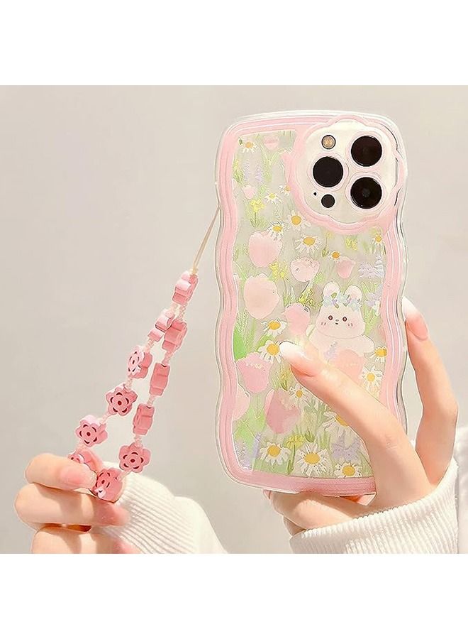 Compatible with iPhone 14 Pro Max Case,Lovely Cartoon Floral Rabbit with Flower Beaded Lanyard Wrist Strap for Women Girly, Soft TPU Full Protective Cover- Flower Rabbit - Image 3