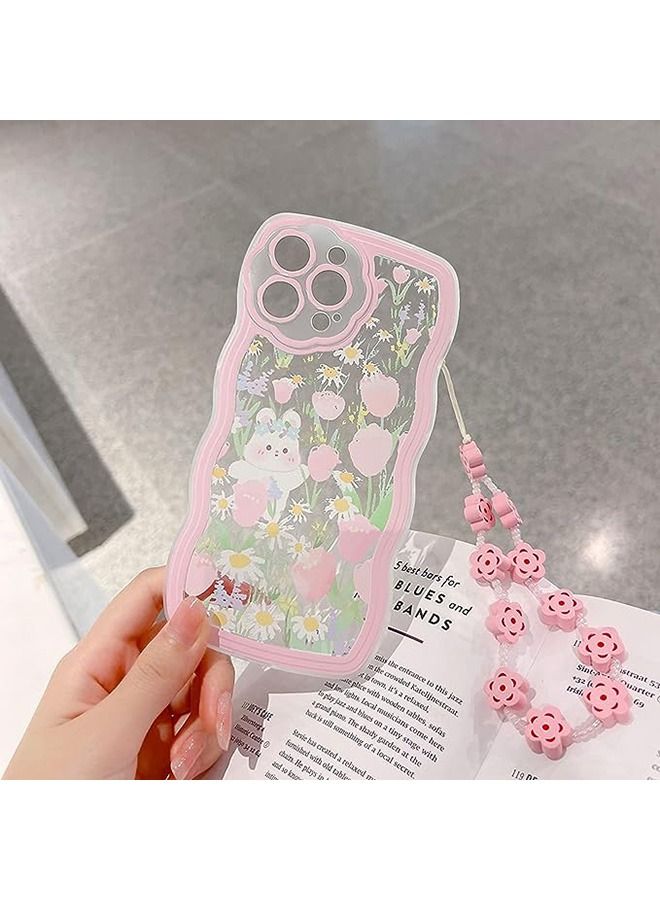 Compatible with iPhone 14 Pro Max Case,Lovely Cartoon Floral Rabbit with Flower Beaded Lanyard Wrist Strap for Women Girly, Soft TPU Full Protective Cover- Flower Rabbit - Image 4