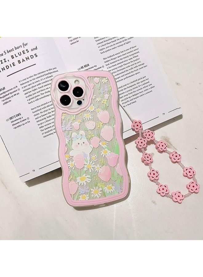 Compatible with iPhone 14 Pro Max Case,Lovely Cartoon Floral Rabbit with Flower Beaded Lanyard Wrist Strap for Women Girly, Soft TPU Full Protective Cover- Flower Rabbit - Image 2