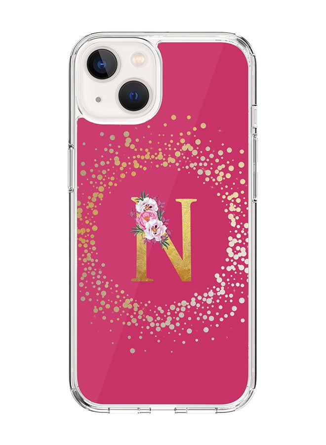 Stylizedd Classic Clear Case For iPhone 14, Hybrid Soft Case Thin Cover- Custom Monogram Initial Letter Floral Pattern Alphabet - N(Dark Pink Rose) - Image 1