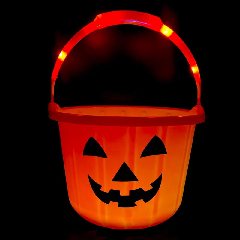 GiftExpress Light Up Halloween Pumpkin Bucket - Plastic Jack O Lantern w/Glow in The Dark Handles & 3 LED Lights - Trick Or Treat Candy Basket & Cauldron Decoration Pail for Kids - Image 1