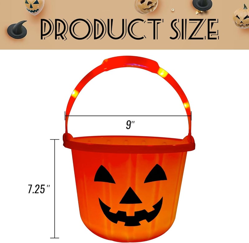 GiftExpress Light Up Halloween Pumpkin Bucket - Plastic Jack O Lantern w/Glow in The Dark Handles & 3 LED Lights - Trick Or Treat Candy Basket & Cauldron Decoration Pail for Kids - Image 3