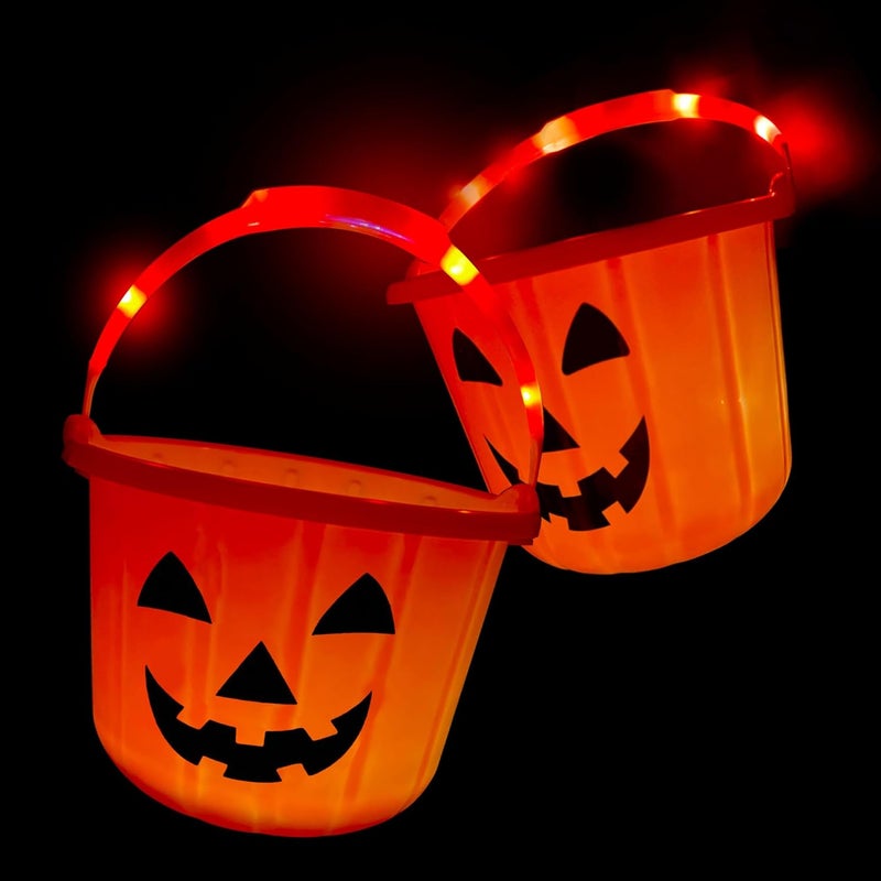 GiftExpress Light Up Halloween Pumpkin Bucket - Plastic Jack O Lantern w/Glow in The Dark Handles & 3 LED Lights - Trick Or Treat Candy Basket & Cauldron Decoration Pail for Kids - Image 5