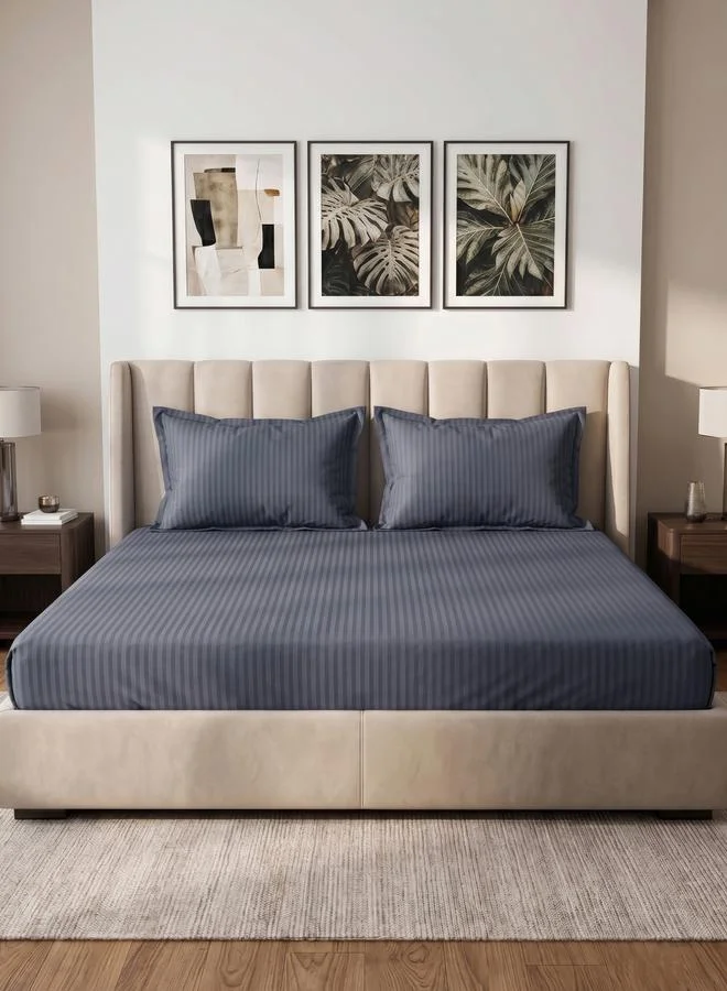 Styli Pack of 2-  Stripe Queen Fitted with Pillow Cover Grey