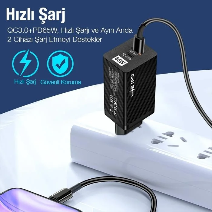 بولهاموبيل Polham Gan 65W Ultra Fast Phone and Tablet Charger Adapter, 1 Pd Type 65W, 1 USB 3.0 Header