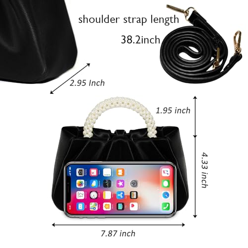 Beatfull Evening Purse Women Small Pearl Handbags Soft Leather Ruched Bag Wedding Bridal Clutch Party Prom Crossbody Purses Black - Image 4