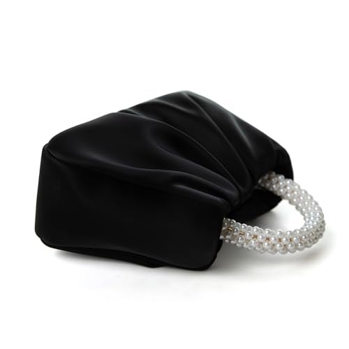 Beatfull Evening Purse Women Small Pearl Handbags Soft Leather Ruched Bag Wedding Bridal Clutch Party Prom Crossbody Purses Black - Image 2