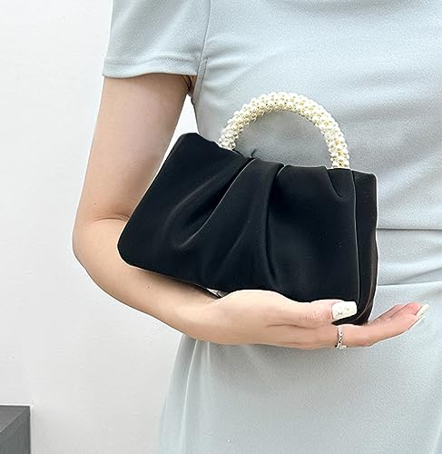 Beatfull Evening Purse Women Small Pearl Handbags Soft Leather Ruched Bag Wedding Bridal Clutch Party Prom Crossbody Purses Black - Image 3