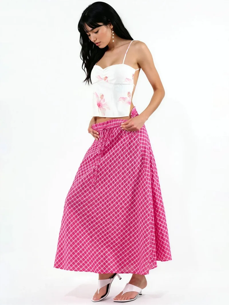 بوسيم BUSEM High-Waist Plaid Midi A-Line Skirt