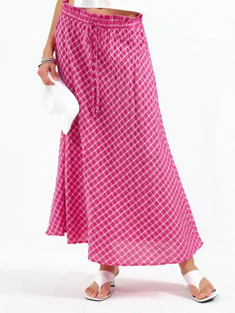 بوسيم BUSEM High-Waist Plaid Midi A-Line Skirt