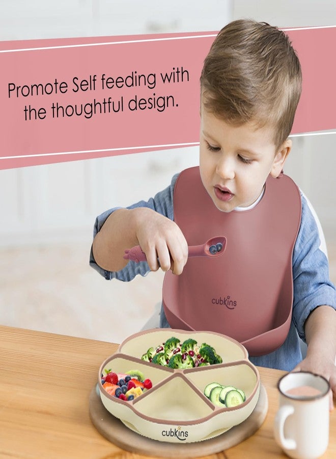 CUBKINS Silicone Suction Plate, Bib with Early Feeding Bendable Spoon set of 3 for Babies & Toddlers | BPA Free, Washable & Reusable Feeding Set for Kids, Toddlers (Raspberry) - Image 2