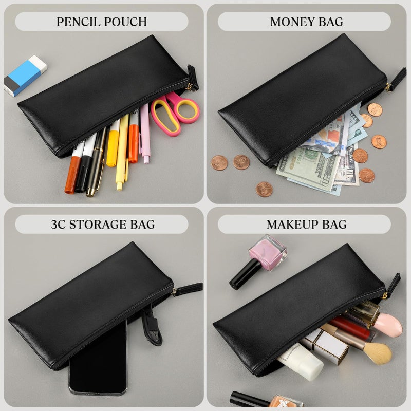 MROCO Pencil Case Black Pencil Bag PU Leather Pen Case Small Zipper Pouch for Pencils, Pens, Markers, Makeups, Change, Coins - Image 2