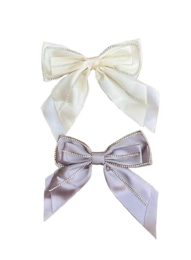 Radhya Accessories Korean Satin Stone Studded Pigtail Bow Clip for Women for Girls Alligator Hair Clip Printed Bow Clip hair clip for women (1 pc) (Grey) - Image 2