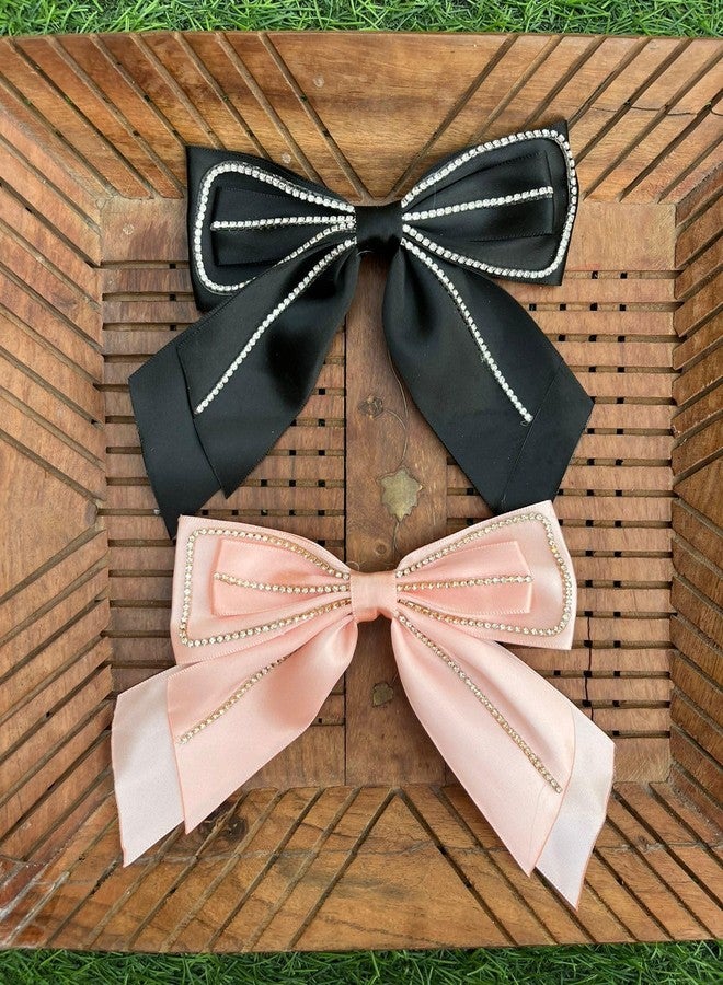 Radhya Accessories Korean Satin Stone Studded Pigtail Bow Clip for Women for Girls Alligator Hair Clip Printed Bow Clip hair clip for women (1 pc) (Grey) - Image 3