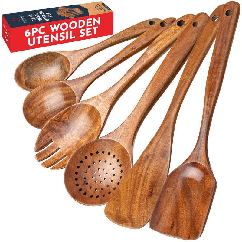 Teak Wooden Utensil Set 6Piece  Smooth Finish Wooden Spoons for Cooking  Comfortable Grip Non Scratch Premium Kitchen Wooden Cooking Utensils Set Teak Wood Cooking Utensils