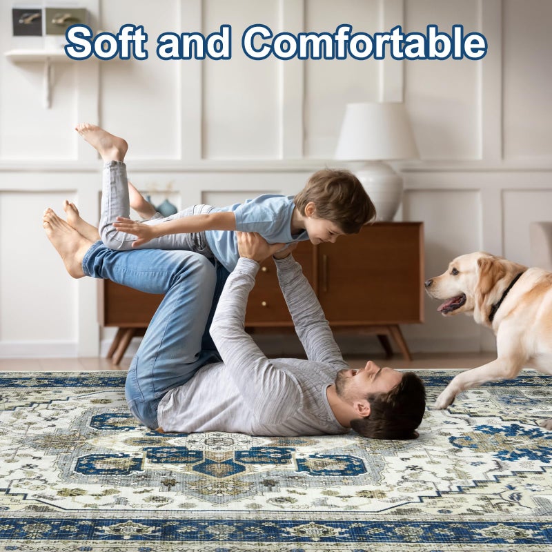 AUKOW Machine Washable Area Rug 8x10 - Large for Living Room Vintage Oriental Soft Rugs, Low Pile Thin Floor Carpet with Non Slip Backing for Bedroom, Dorm, Under Dining Room Table, Indoor House, Office - Image 2