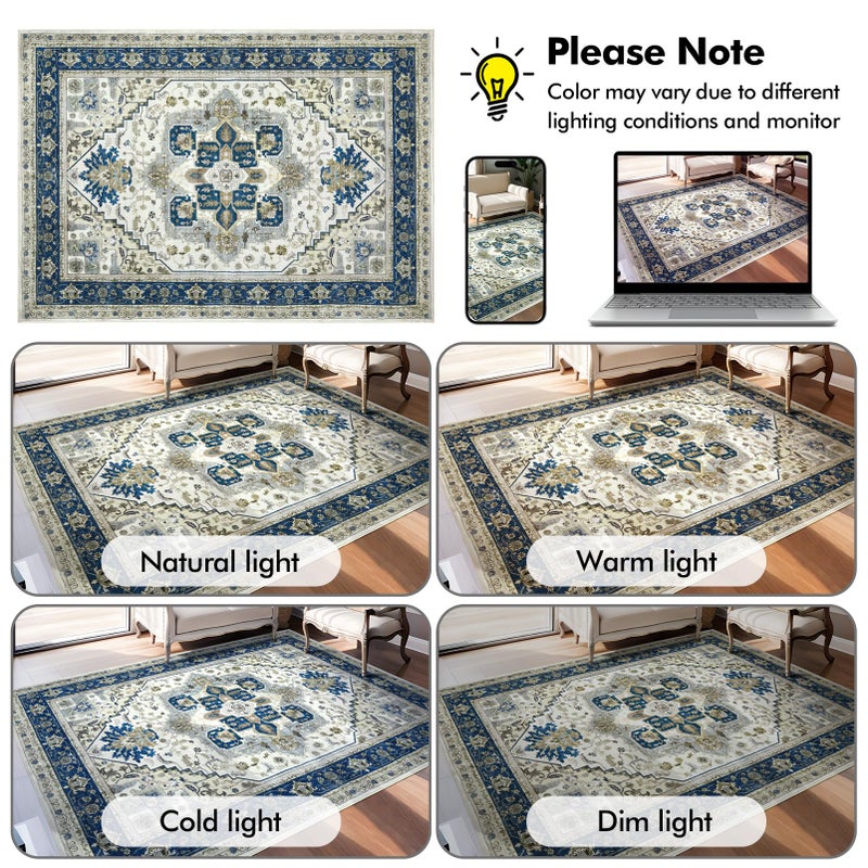 AUKOW Machine Washable Area Rug 8x10 - Large for Living Room Vintage Oriental Soft Rugs, Low Pile Thin Floor Carpet with Non Slip Backing for Bedroom, Dorm, Under Dining Room Table, Indoor House, Office - Image 5
