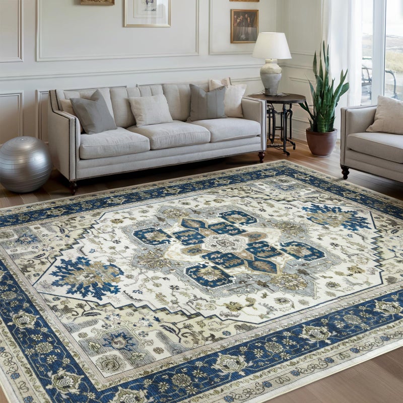AUKOW Machine Washable Area Rug 8x10 - Large for Living Room Vintage Oriental Soft Rugs, Low Pile Thin Floor Carpet with Non Slip Backing for Bedroom, Dorm, Under Dining Room Table, Indoor House, Office - Image 1