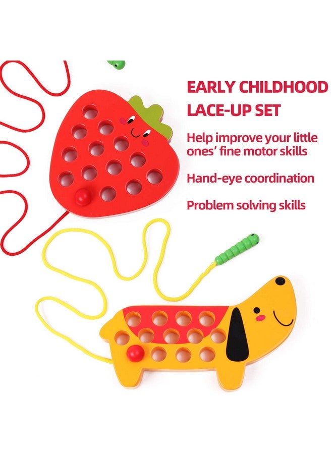 GEMEM Wooden Lacing Threading Toys Fine Motor Skill Toys For 3 Year Old Educational And Learning Montessori Toddler Travel Toy 1 Strawberry And 1 Dog - Image 5