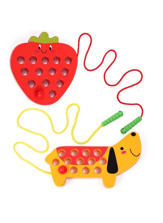 GEMEM Wooden Lacing Threading Toys Fine Motor Skill Toys For 3 Year Old Educational And Learning Montessori Toddler Travel Toy 1 Strawberry And 1 Dog - Image 1