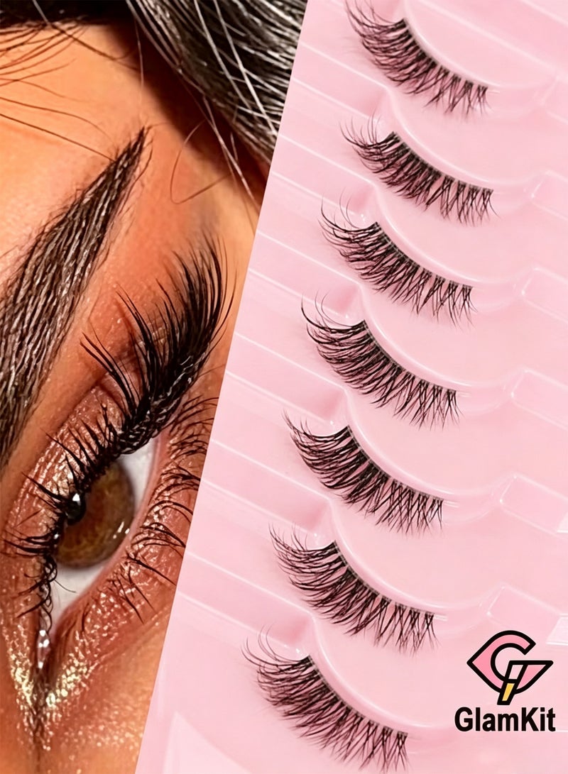 GlamKit 7 Pairs Half False Eyelashes, Natural Wispy 3D Faux Mink Lashes Kit, Reusable Fluffy Cat Eye Clear Band Light Volume Fake Lashes - Image 1