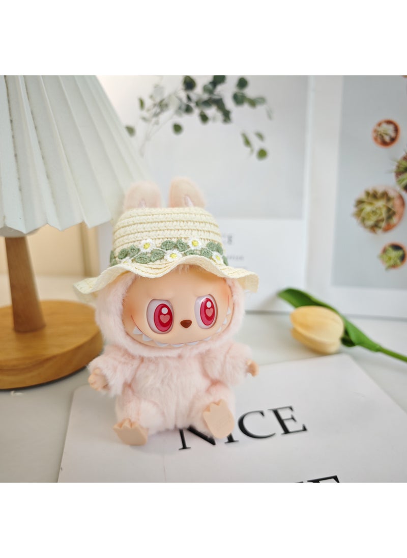 Labubu Doll Pink Tulle Dress Charm Daisy flower wavy straw hat (excluding baby) 