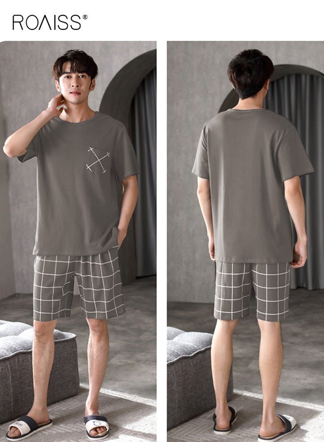 رويس طقم بيجامات رجالي كاجوال، شورت، خصر مطاطي، بيجامة قصيرة للرجال، ملابس نوم قطنية، تي شيرت، رقبة دائرية، طقم بيجامات كلاسيكي، ملابس نوم للرجال مع جيب - Image 2