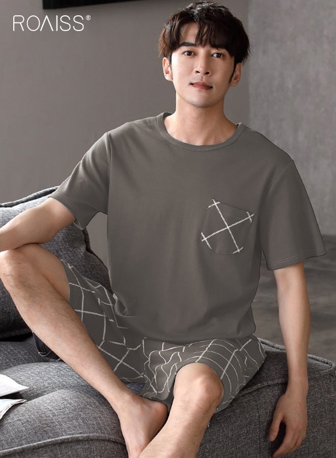 رويس طقم بيجامات رجالي كاجوال، شورت، خصر مطاطي، بيجامة قصيرة للرجال، ملابس نوم قطنية، تي شيرت، رقبة دائرية، طقم بيجامات كلاسيكي، ملابس نوم للرجال مع جيب - Image 1