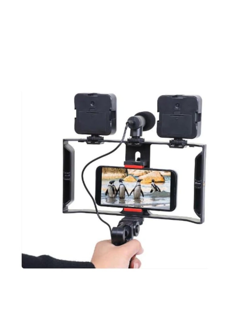 حامل كاميرا فيديو 5 في 1 بمقبض تثبيت وميكروفون بندقية ومجموعة إضاءة ليد لأي موبايل لصناعة الأفلام والفيديوهات الاحترافية إطار شكل حرف U و2 مصباح وحامل أسود أحمر - Image 1