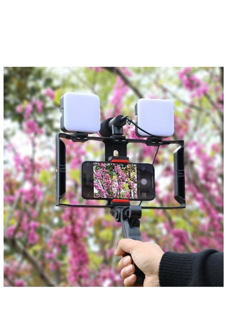 حامل كاميرا فيديو 5 في 1 بمقبض تثبيت وميكروفون بندقية ومجموعة إضاءة ليد لأي موبايل لصناعة الأفلام والفيديوهات الاحترافية إطار شكل حرف U و2 مصباح وحامل أسود أحمر - Image 4