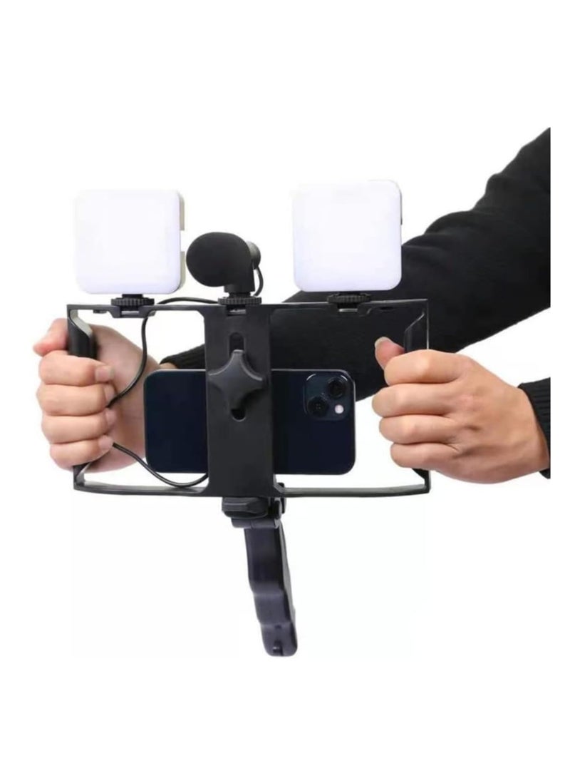 حامل كاميرا فيديو 5 في 1 بمقبض تثبيت وميكروفون بندقية ومجموعة إضاءة ليد لأي موبايل لصناعة الأفلام والفيديوهات الاحترافية إطار شكل حرف U و2 مصباح وحامل أسود أحمر - Image 5