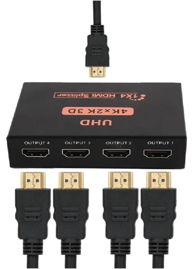 HDMI Splitter 1 In 4 Out – High-Quality 4K Ultra HD, 3D, 1080p, 2160p – Duplicates One Source to Four Displays Simultaneously