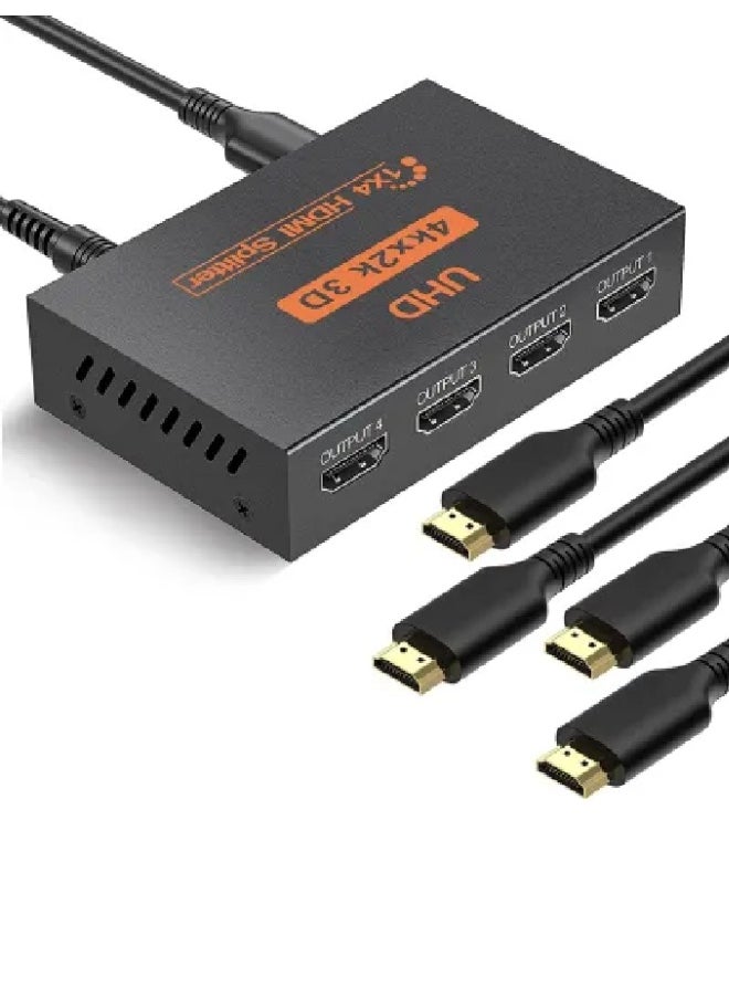 HDMI Splitter 1 In 4 Out – High-Quality 4K Ultra HD, 3D, 1080p, 2160p – Duplicates One Source to Four Displays Simultaneously